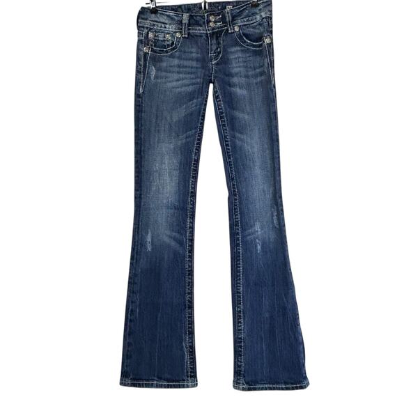 Miss Me Low Rise Distressed Boot Cut Jeans JP5082-3 Flap Back Pockets Women 26 - Picture 1 of 12